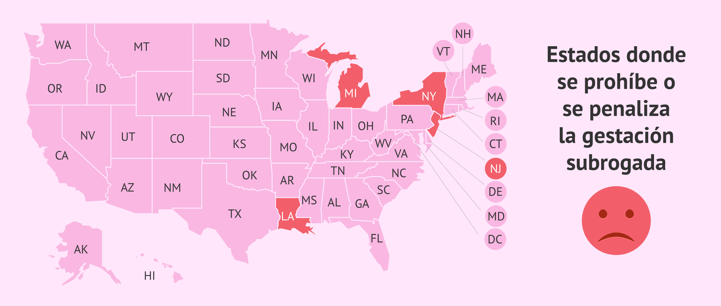 Mapa de los estados de USA donde se restringe o penaliza