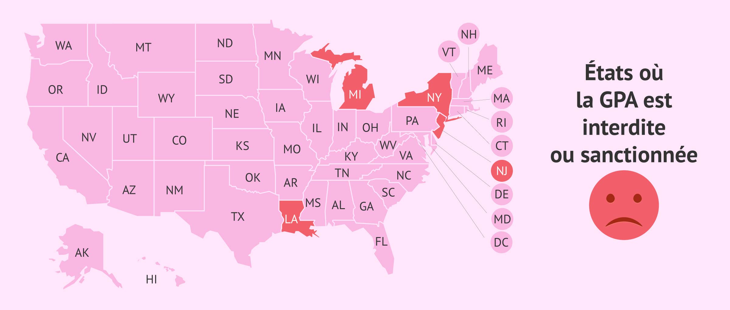 Carte des États des USA où la GPA est restreinte ou pénalisée