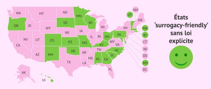 Carte des États des USA « surrogacy-friendly » sans loi explicite